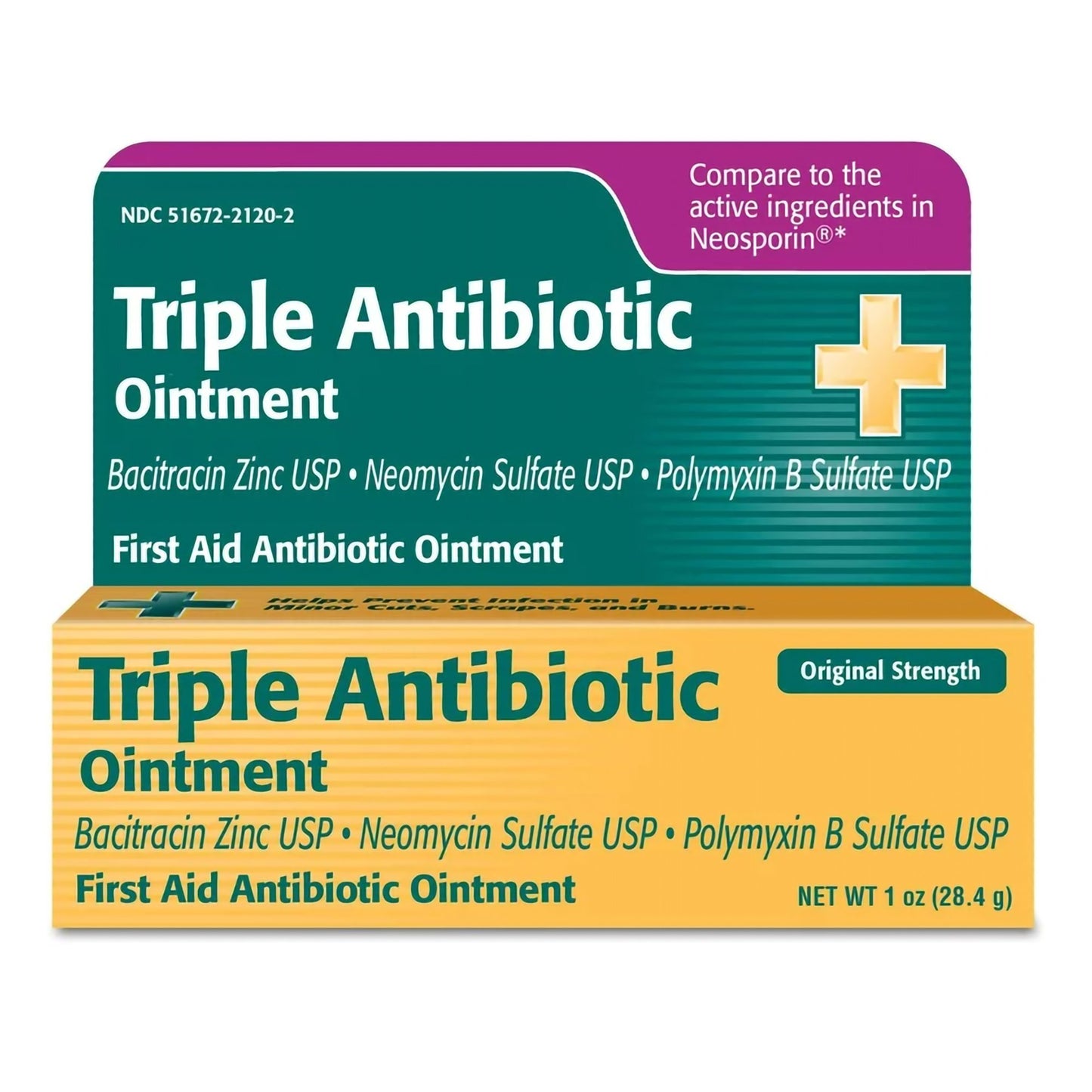 A box of first aid triple antibiotic ointment. Compare to the active ingredients in Neosporin.