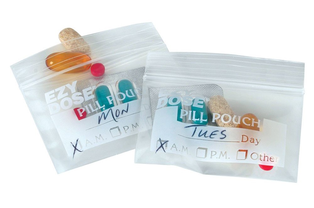 Ezy Dose pill pouches are writable bags that allow you to label them with a pen. You can note the day and specify whether it's for AM, PM, or other use.