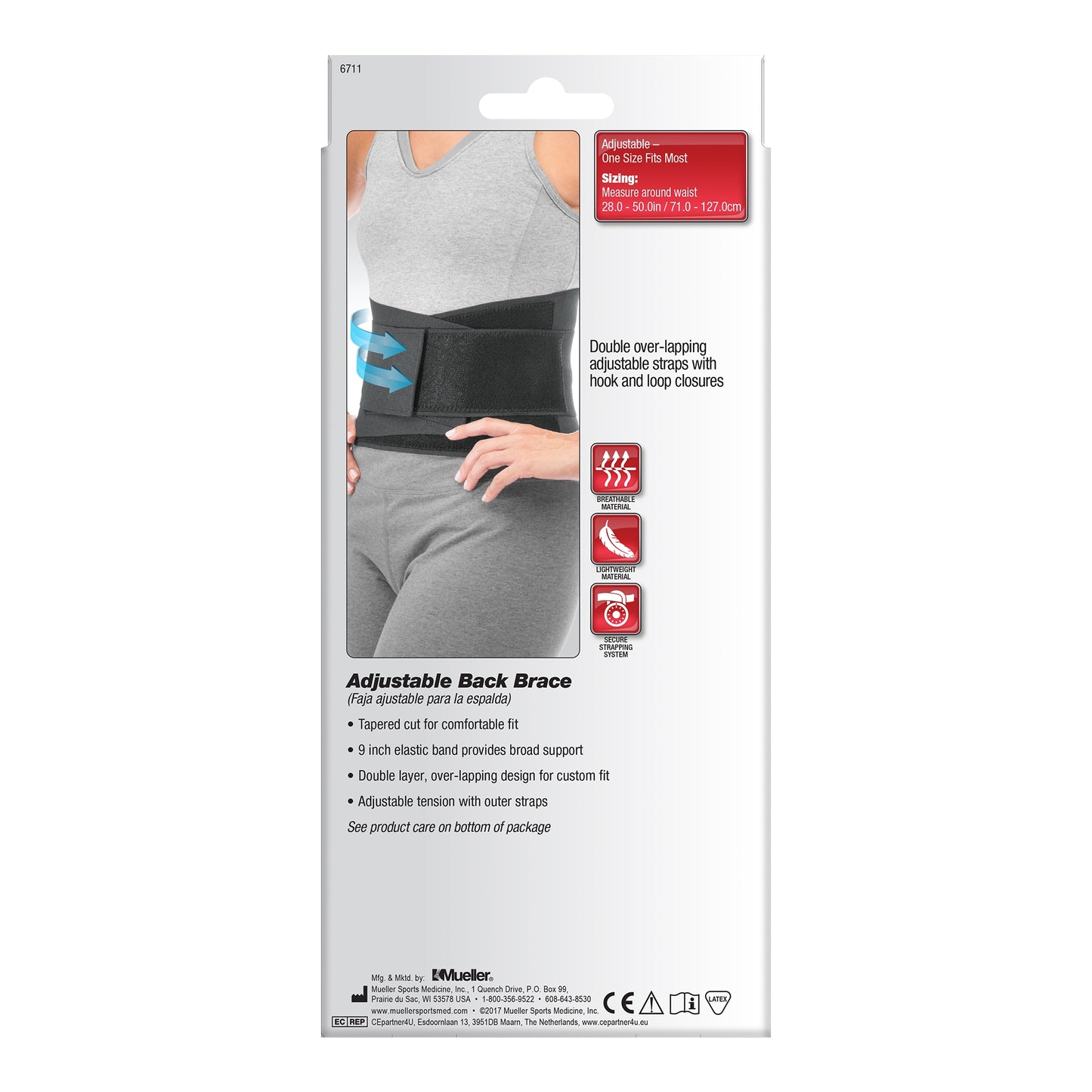 Back Brace Mueller® One Size Fits Most Hook and Loop Strap Closure