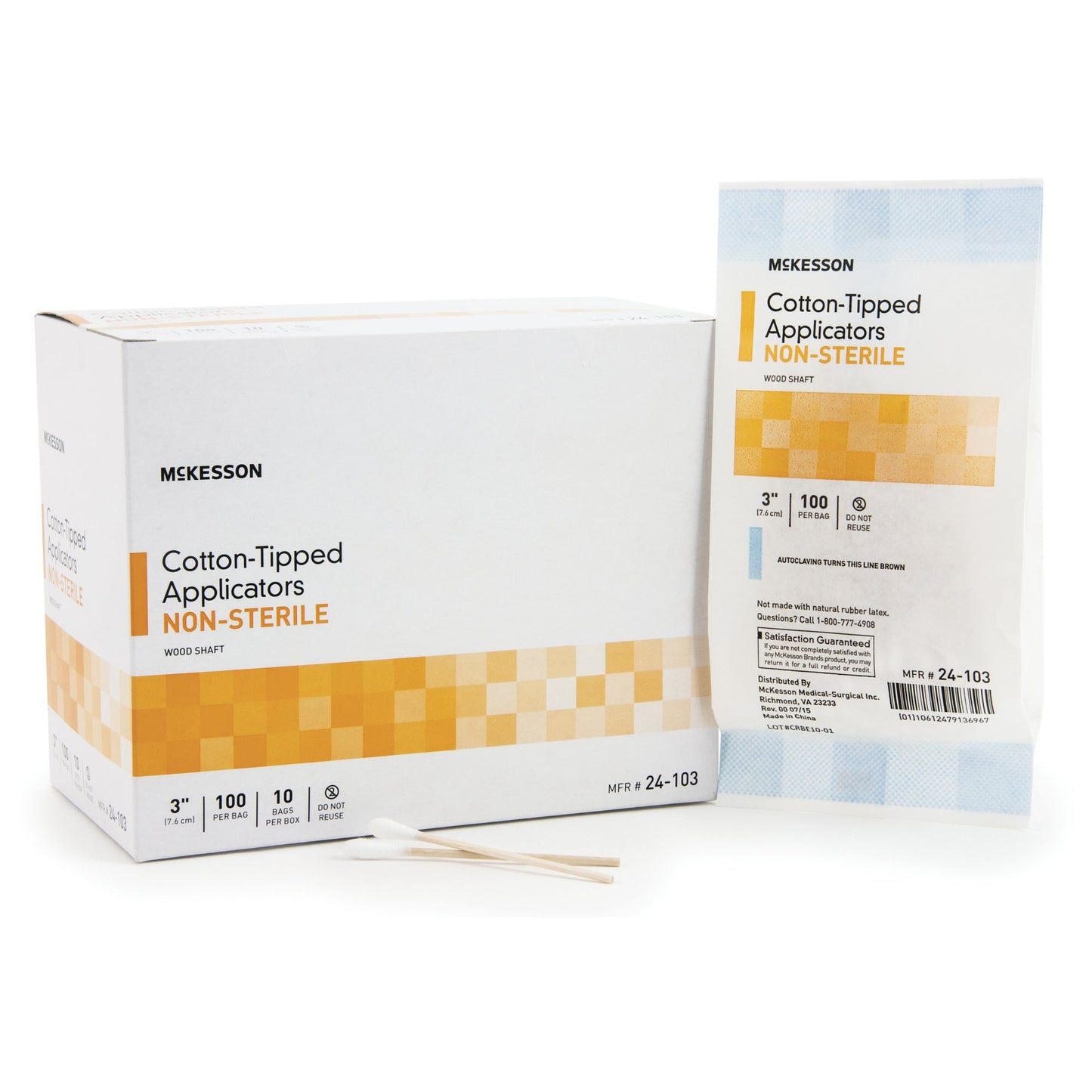 A box of mckesson cotton-tipped applicators non-sterile. A pack includes 100 applicators