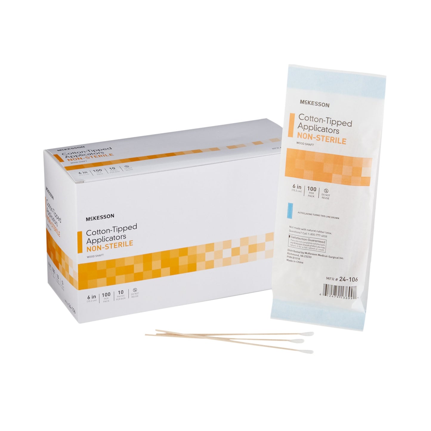 A box of mckesson cotton-tipped applicators non-sterile. Each pack has 100 applicators.