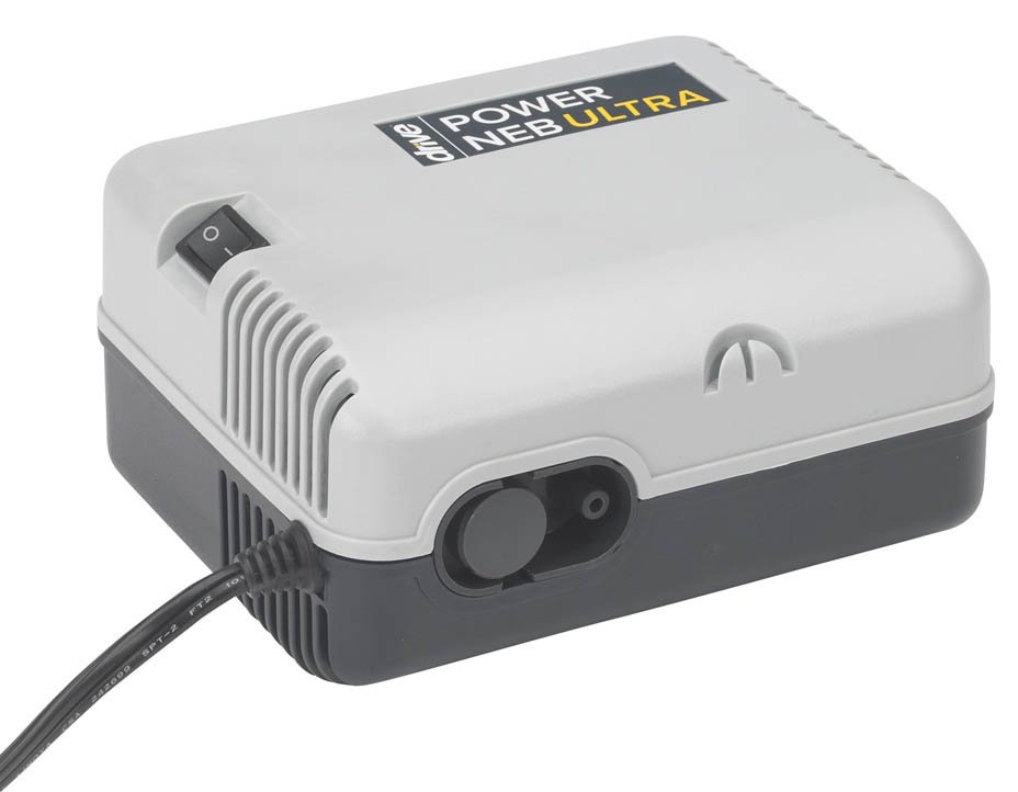 The Drive Power Neb Ultra machine features a switch tab for easy on/off control, a corded power supply, and a slot for inserting nebulizer tubing.