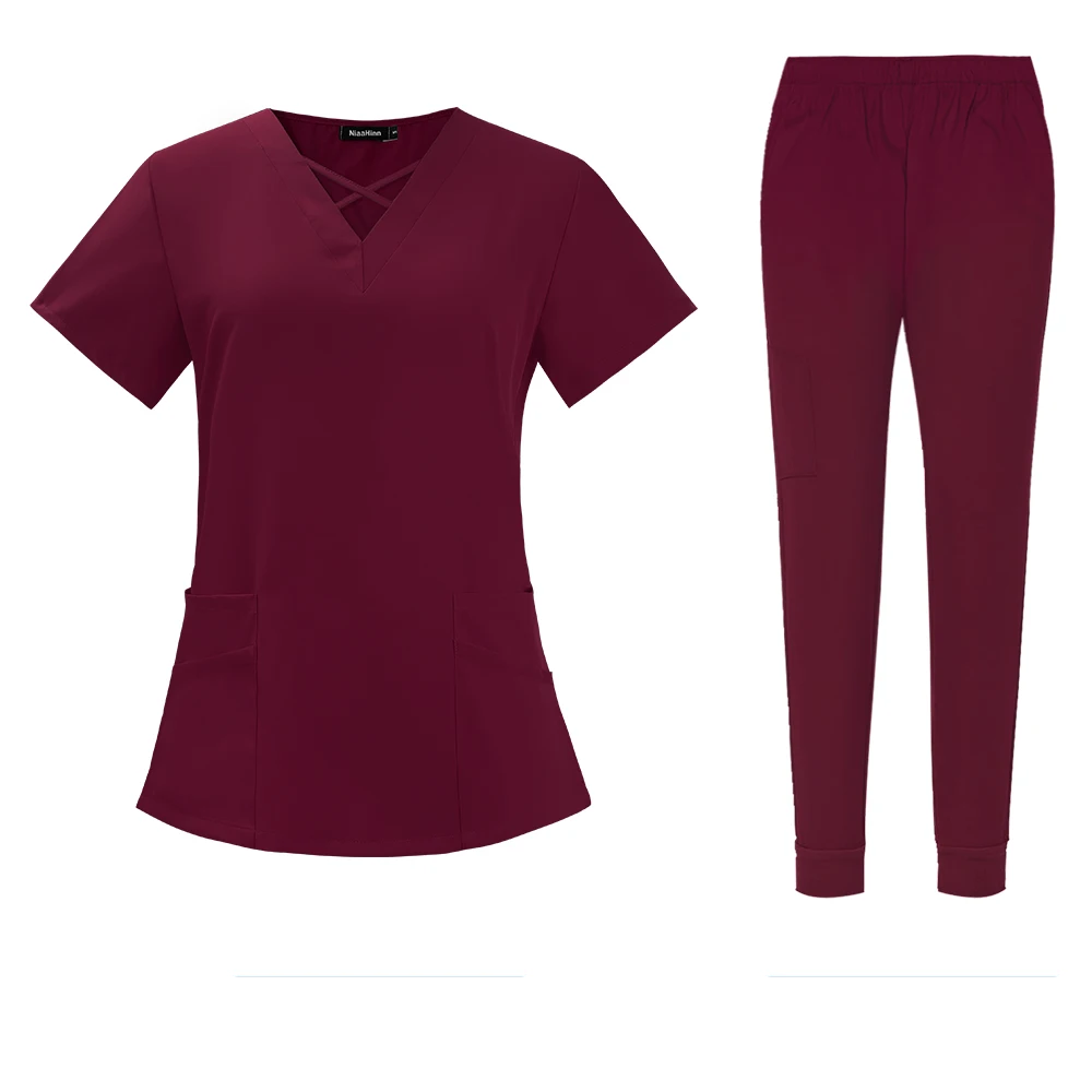 criss cross neck design scrub top with jogger style scrub pants scrub set burgundy