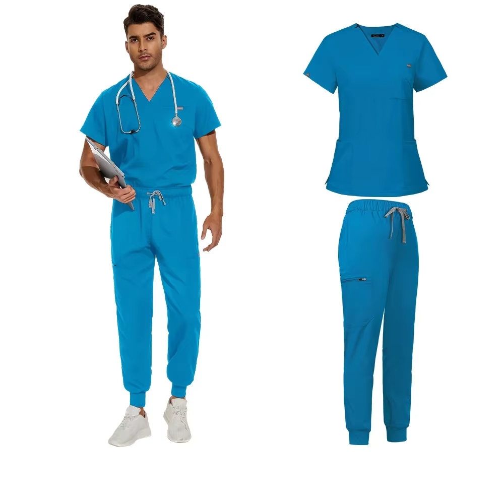 men's scrub set - v-neck scrub top & jogger-style pants blue