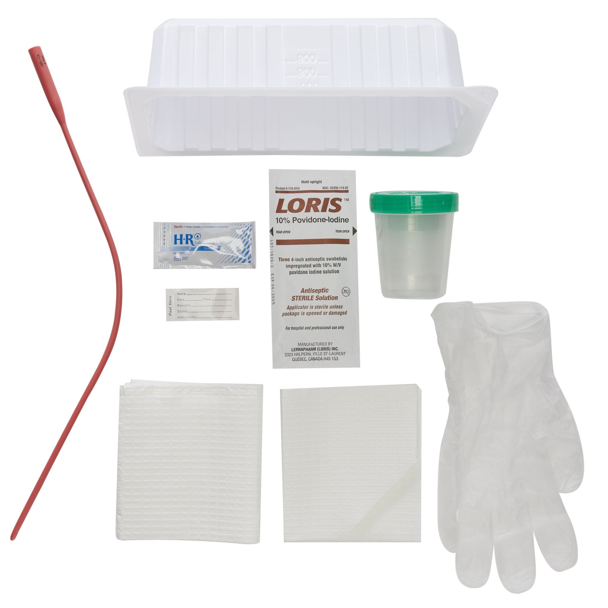 Intermittent catheter tray with red foley catheter, gloves, fenestrated drape, underpad, lubricating jelly, urine specimen cup and povidone-iodine swab sticks.