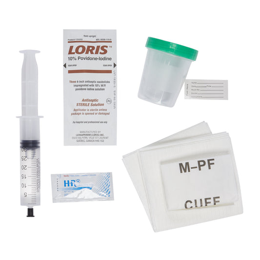 Indwelling catheter tra with urine specimen cup, prefilled syringe with sterile water, povidone-iodine solution, lubricating jelly, underpad and sterile gloves