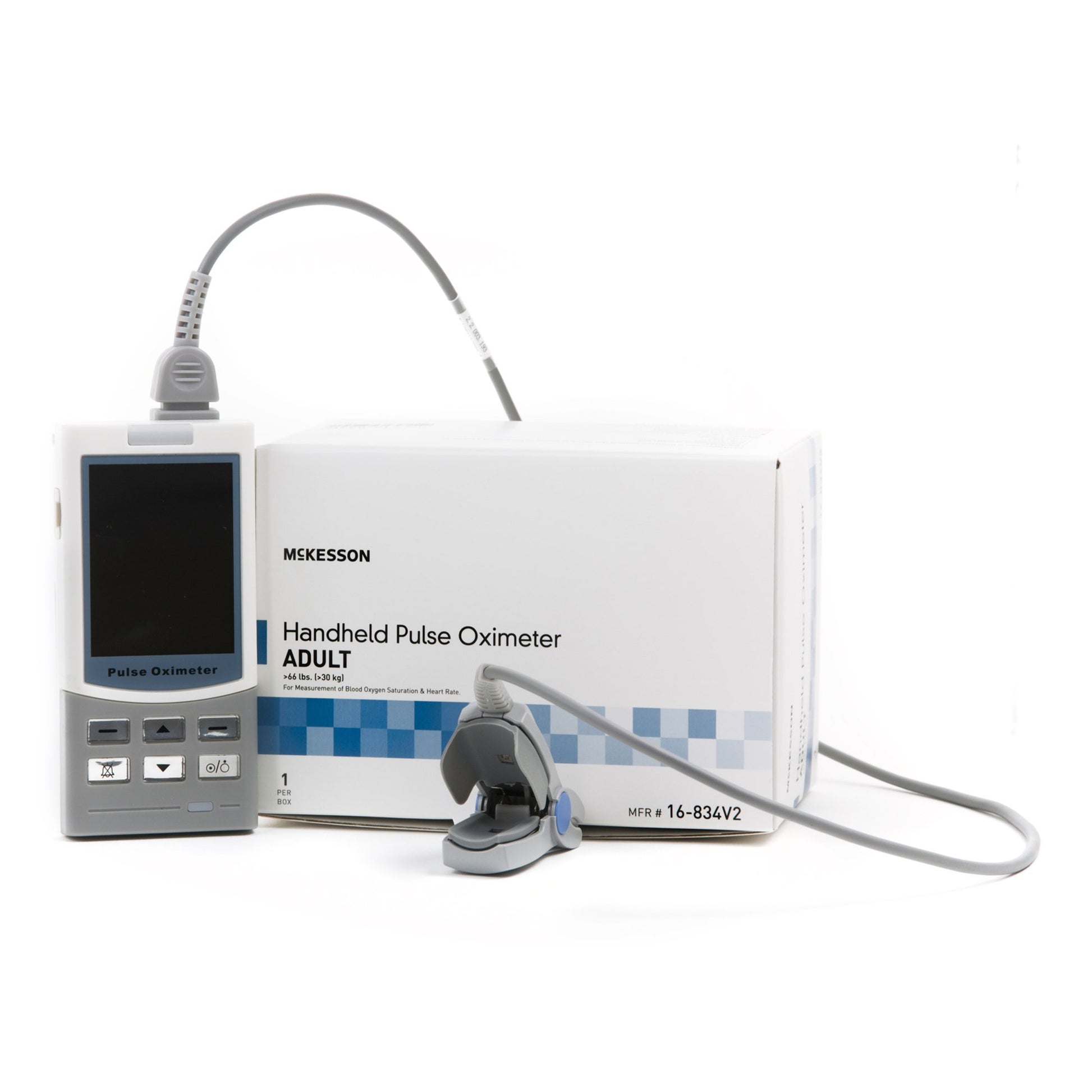 McKesson portable handheld pulse oximeter featuring a finger extension cord.