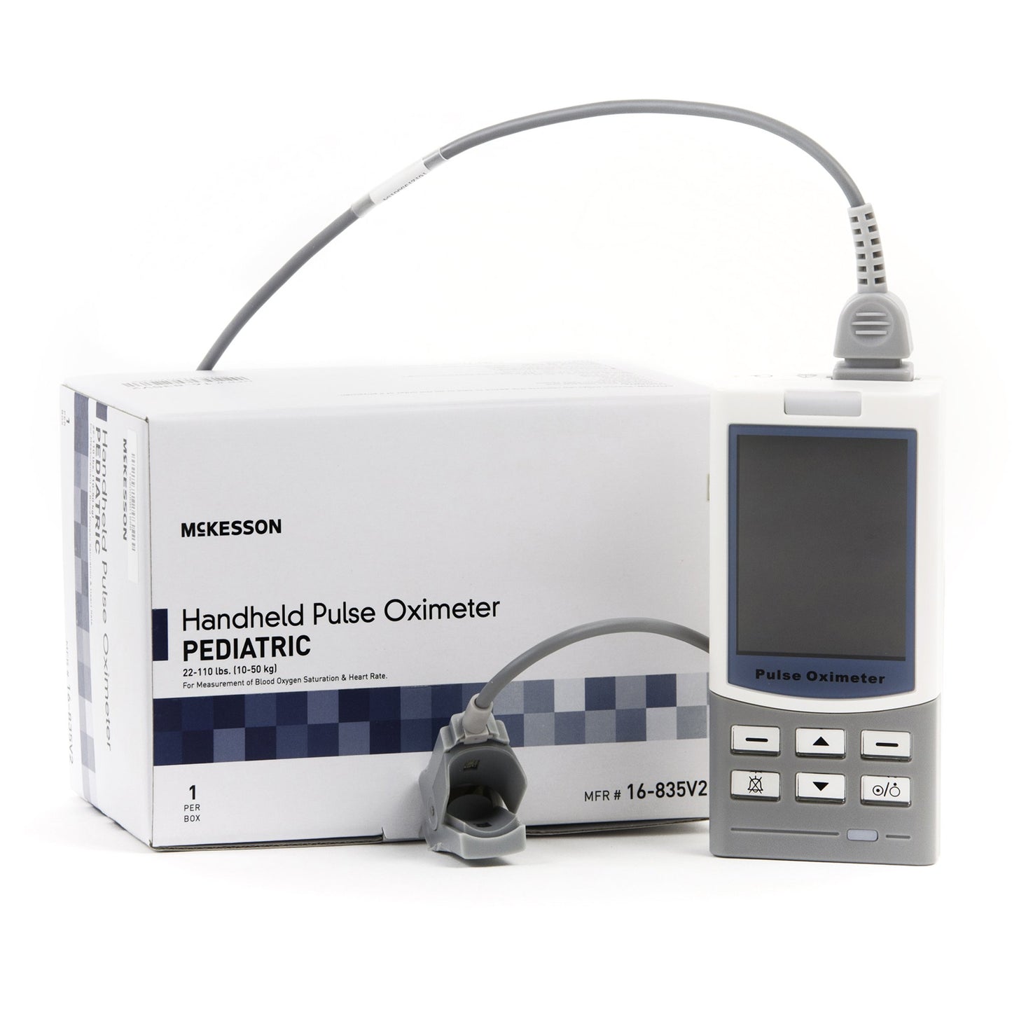 pediatric mckesson handheld portable pulse oximeter with finger extension cord.