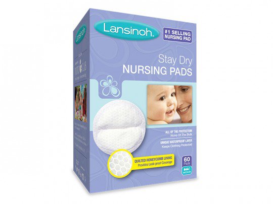 a box of lansinoh stay dry nursing pads. 60 pads per pack. White circular pads. Quilted honeycomb lining.