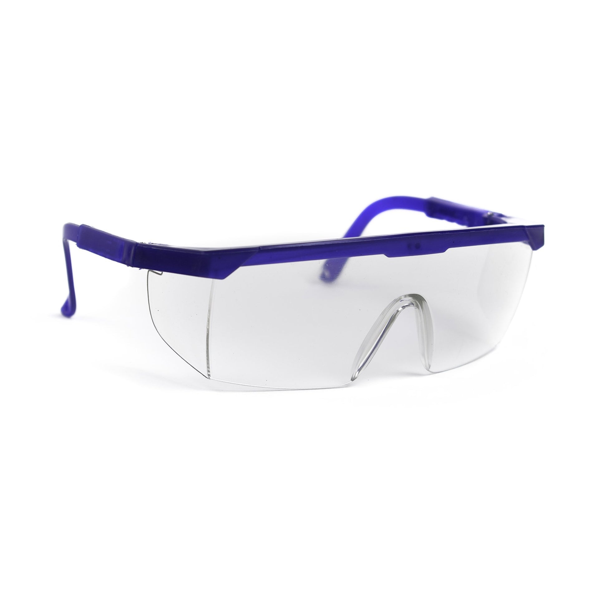 Transparent goggles with side shields and a blue rim that fit snugly over the ears.