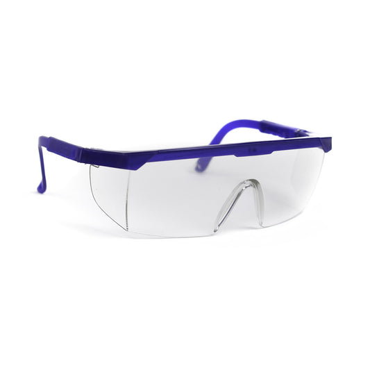 Transparent goggles with side shields and a blue rim that fit snugly over the ears.