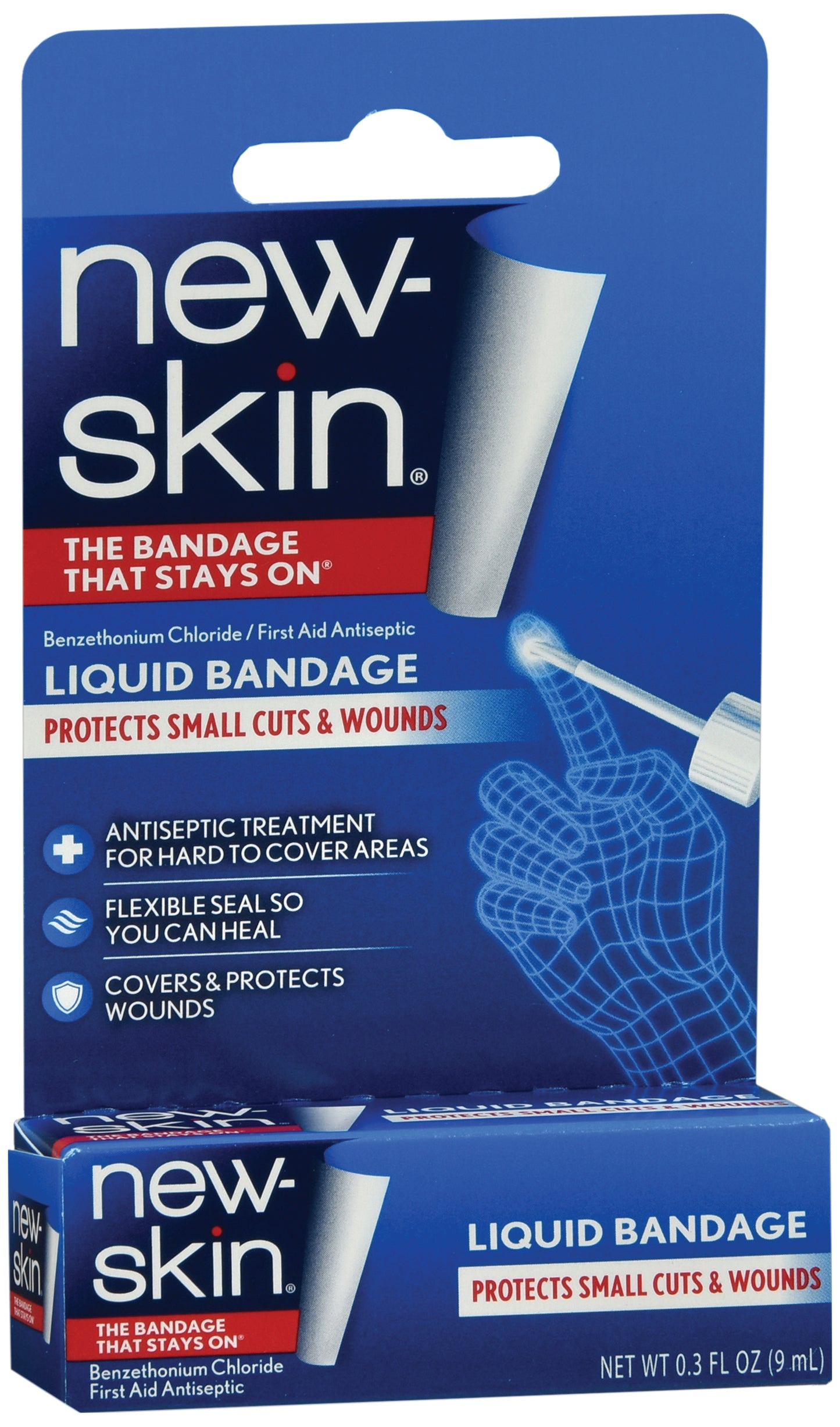 A box of new-skin liquid bandage. 0.3 fl oz bottle. 