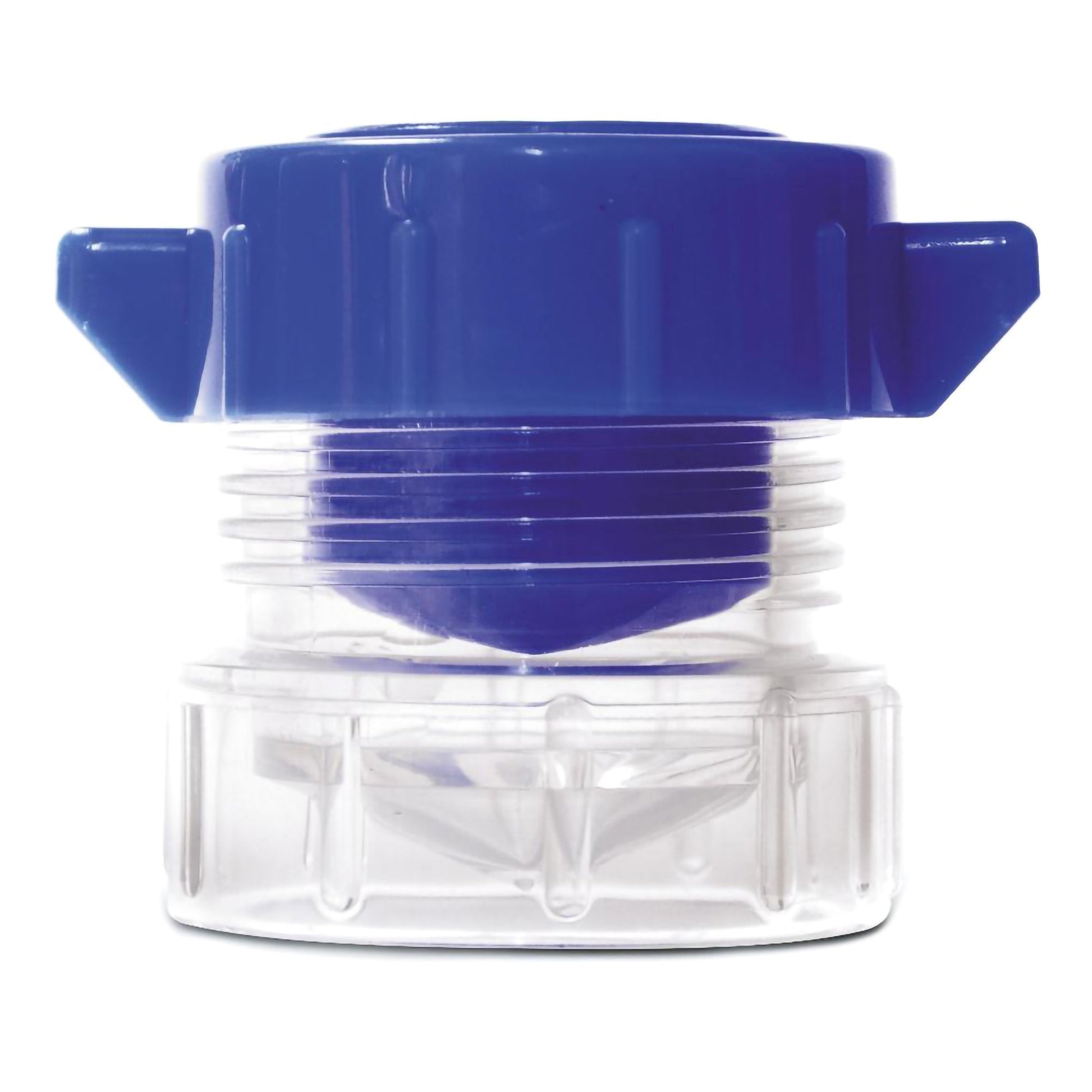 Pill crusher with a transparent bottle with winged design blue cap