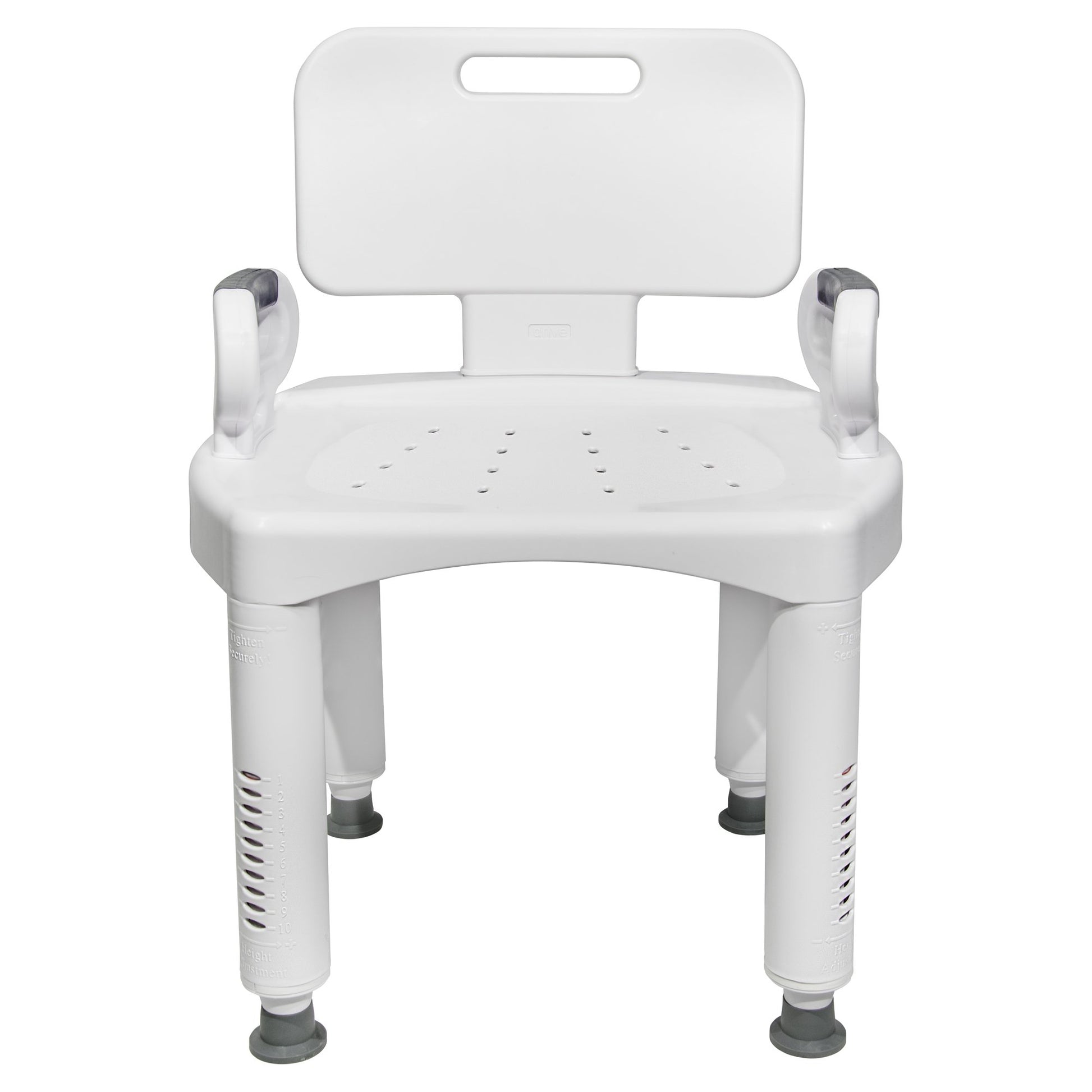 White bath bench. 1/2-inch leg adjustments for uneven surfaces, nonslip feet, removable back, legs, and arms for easy storage