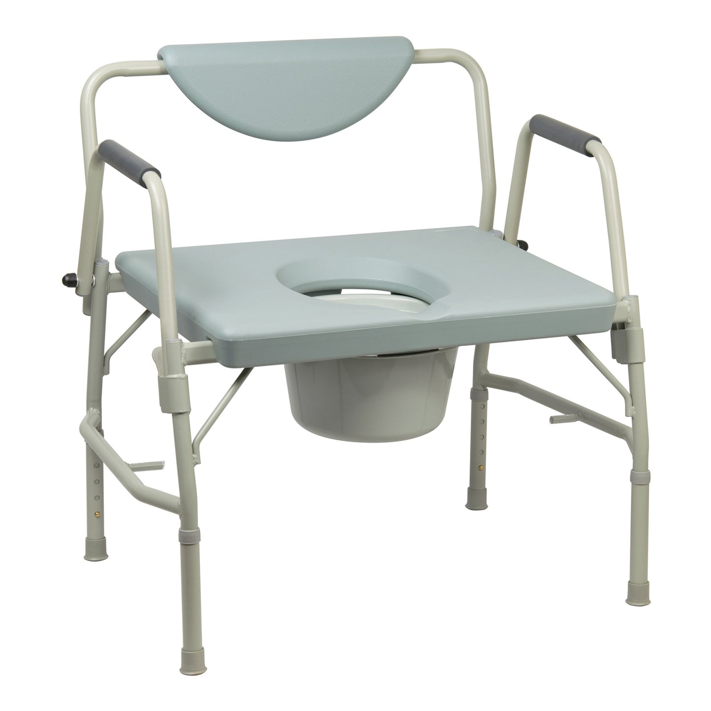 Bariatric commode with Drop Arms. Padded back and armrests. Removal commode with handle and cover. Non-skid leg tips.