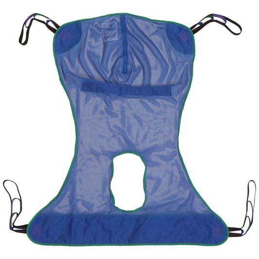 Sling featuring an opening at the sacral area and four corner straps for pulling.