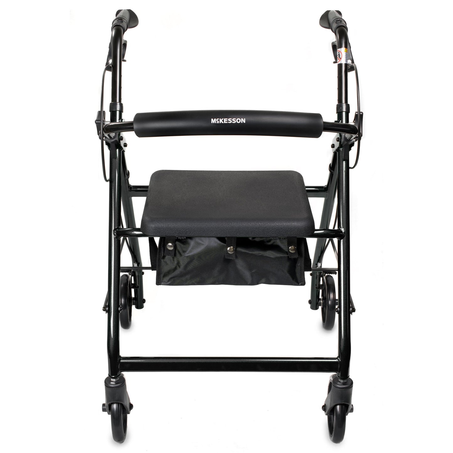 Black 4 wheel rollator with handles, seat with storage space, foldable, with back rest.