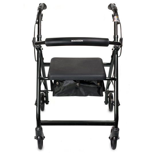 Black 4 wheel rollator with handles, seat with storage space, foldable, with back rest.