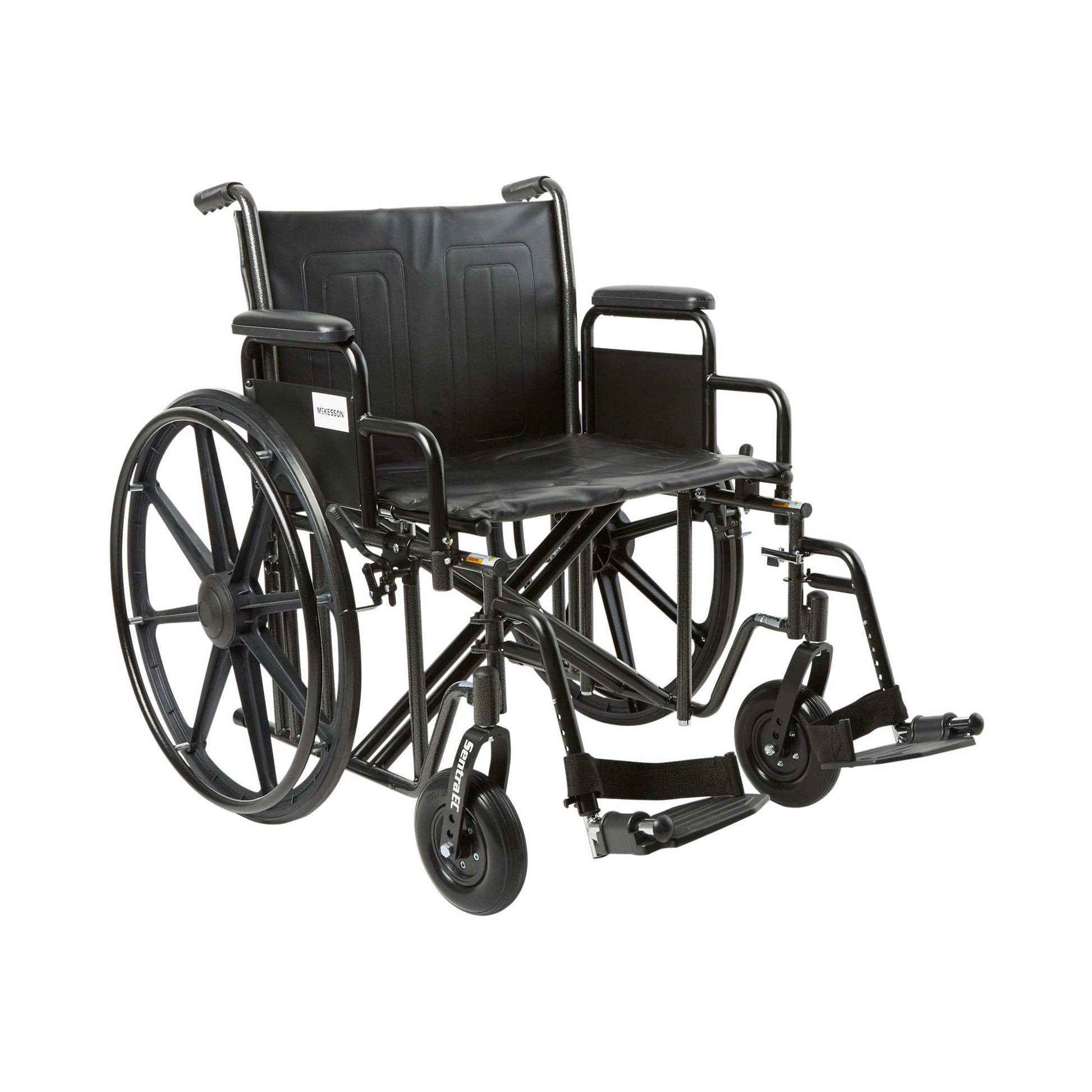 Black wheelchair with swing-away foot rest. Lightweight. Height adjustable. Push-to-lock brakes.