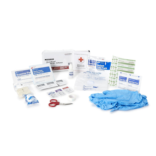 First Aid Kit with gloves, scissors, trauma pad, cold pack, eye pad and many more