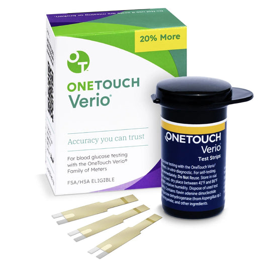 Blue bottle Onetouch verio test strips. Count of 50 strips per pack.