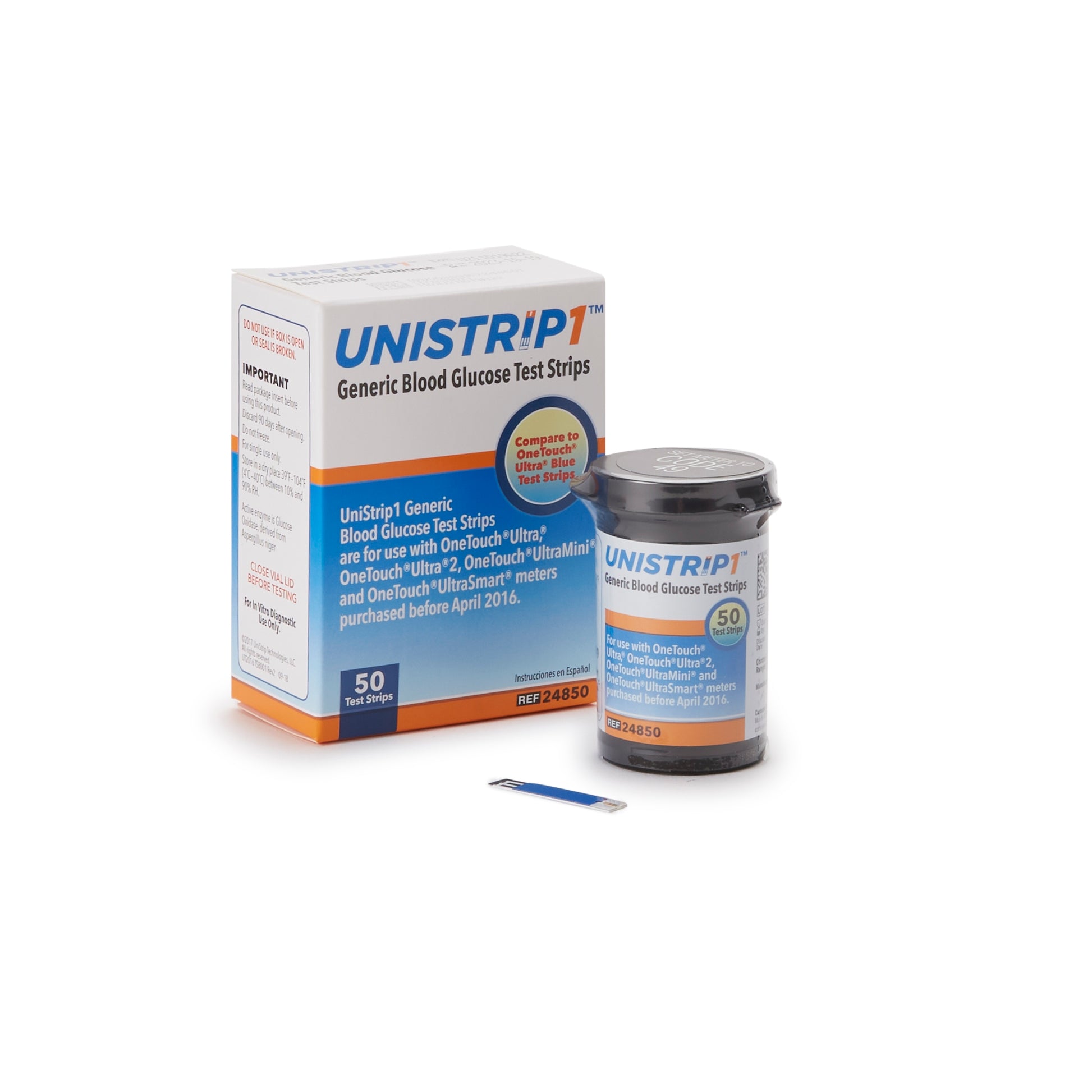 a box of unistrip1 generic blood glucose test strips for onetouch meters such as ultra, ultra 2, ultramini, ultrasmart