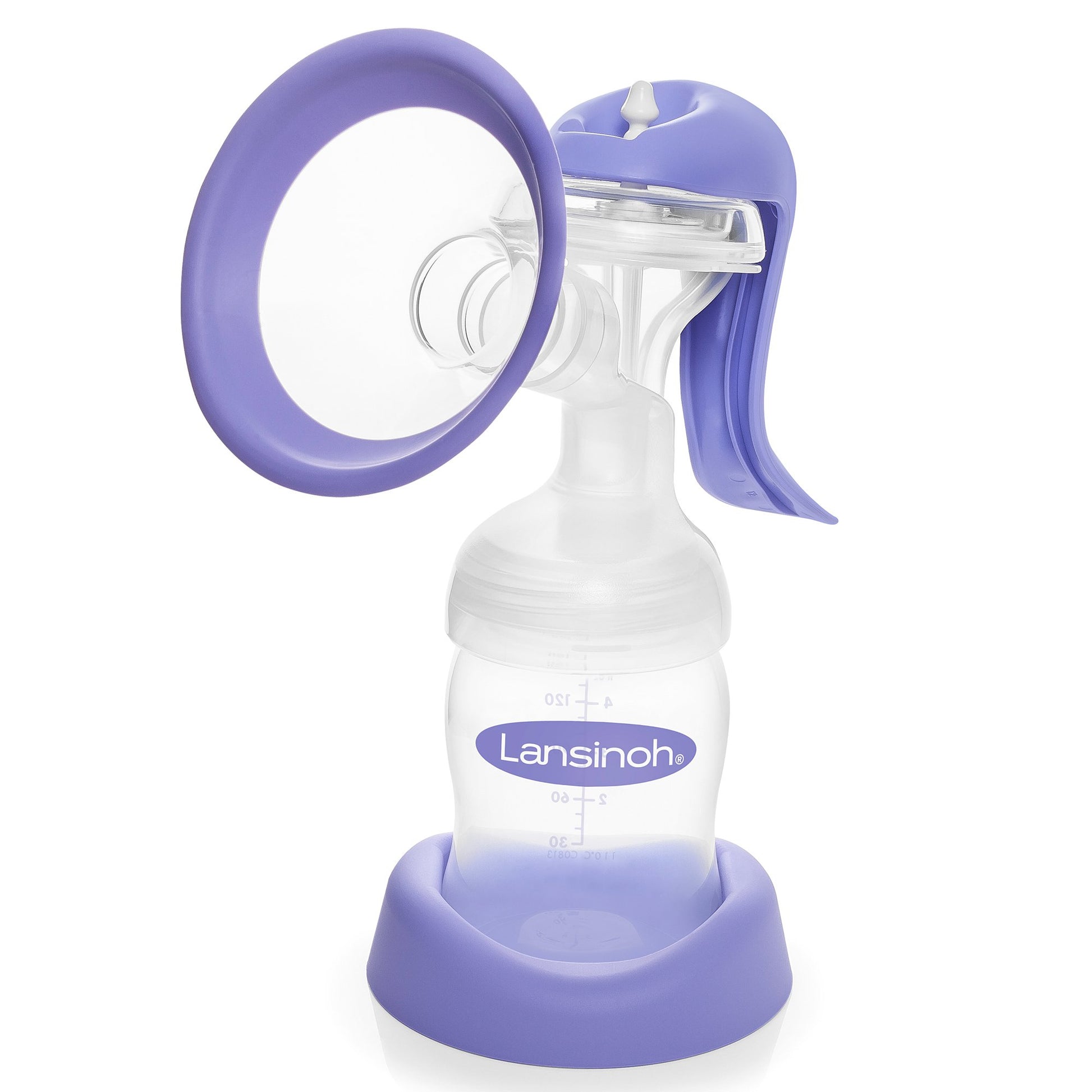 Lansinoh Manual breast pump with stabilizer base, bottle, flange and manual pump handle