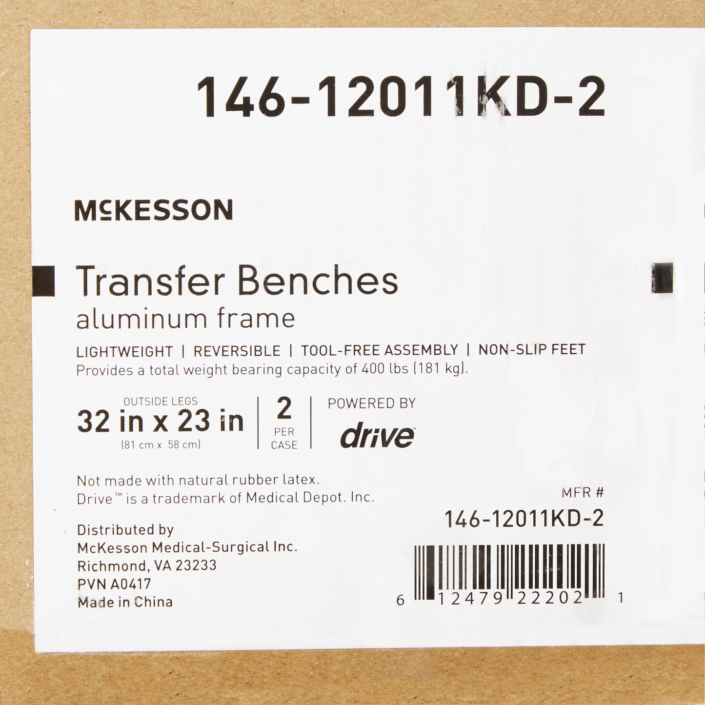 Knocked Down Bath Transfer Bench Removable Arm Rail 17-1/2 to 22-1/2 Inch Seat Height 400 lbs. Weight Capacity 2 Transfer Benches