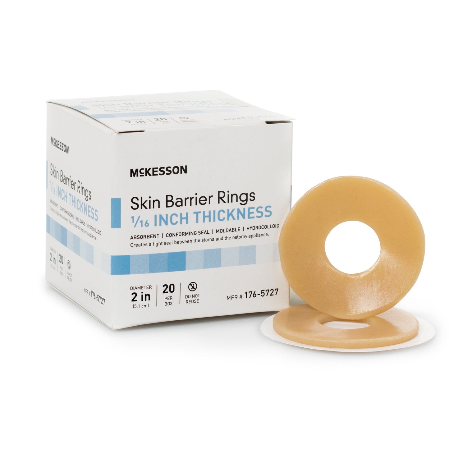 McKesson skin barrier rings, featuring a thickness of 1/16 inch, are beige circular rings with a central opening. 2 inch diameter.