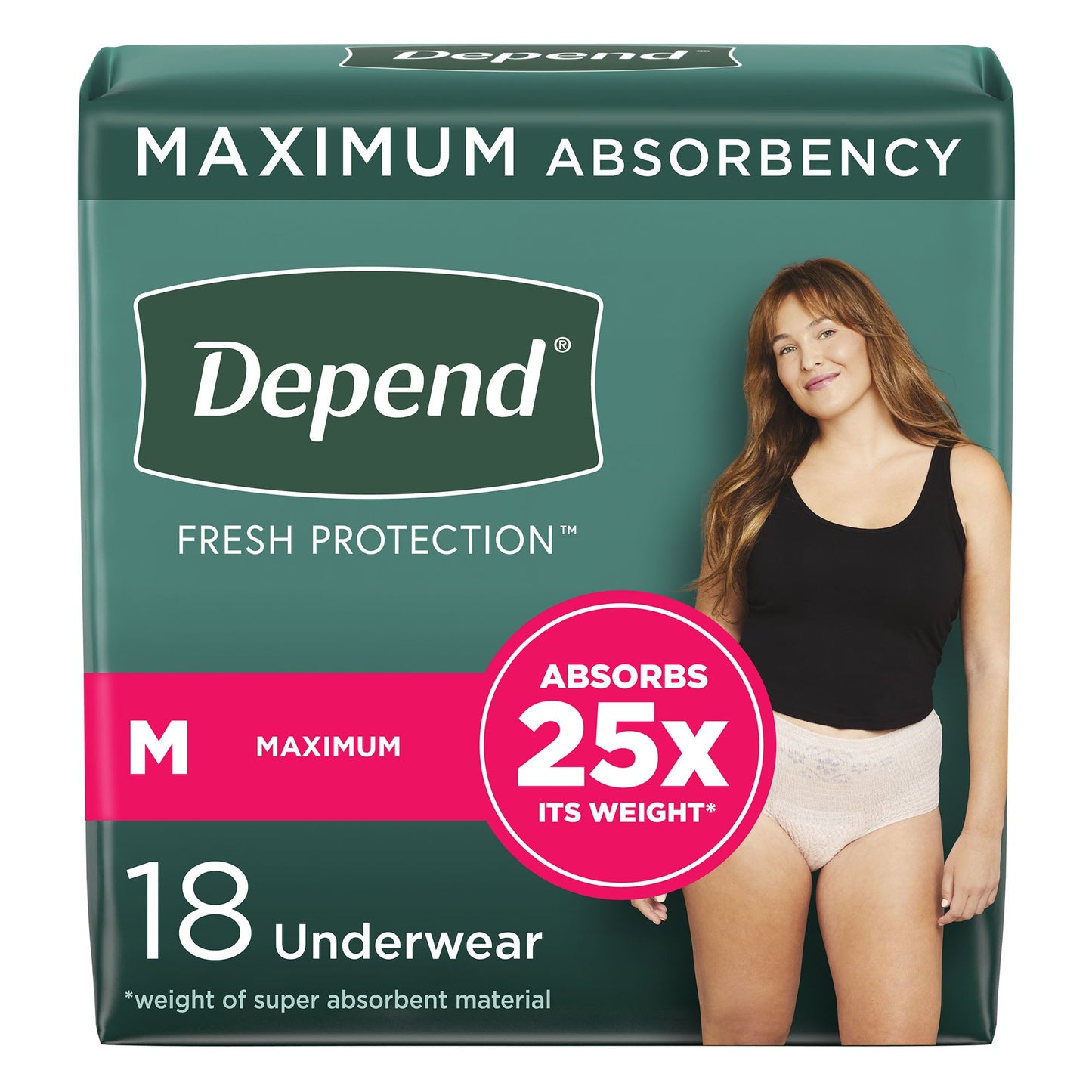 Depend Maximum Absorbency. 18 Underwear. Women. Absorbs 25x its weight. Size Medium.