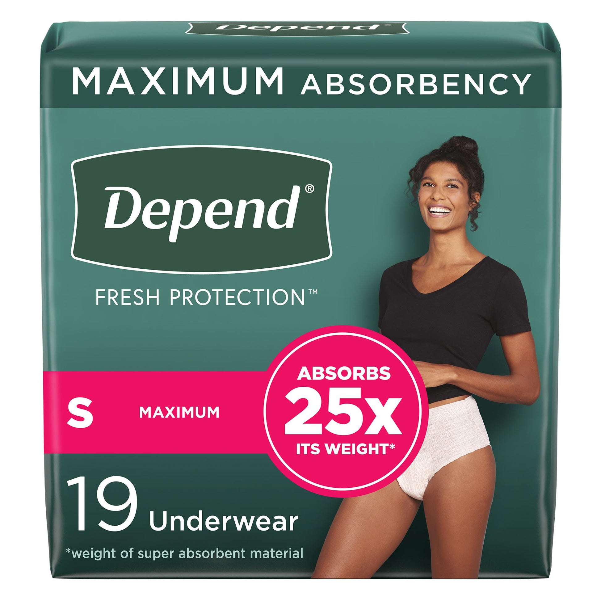 Depend Maximum Absorbency. 19 Underwear. Women. Absorbs 25x its weight. Size Small.