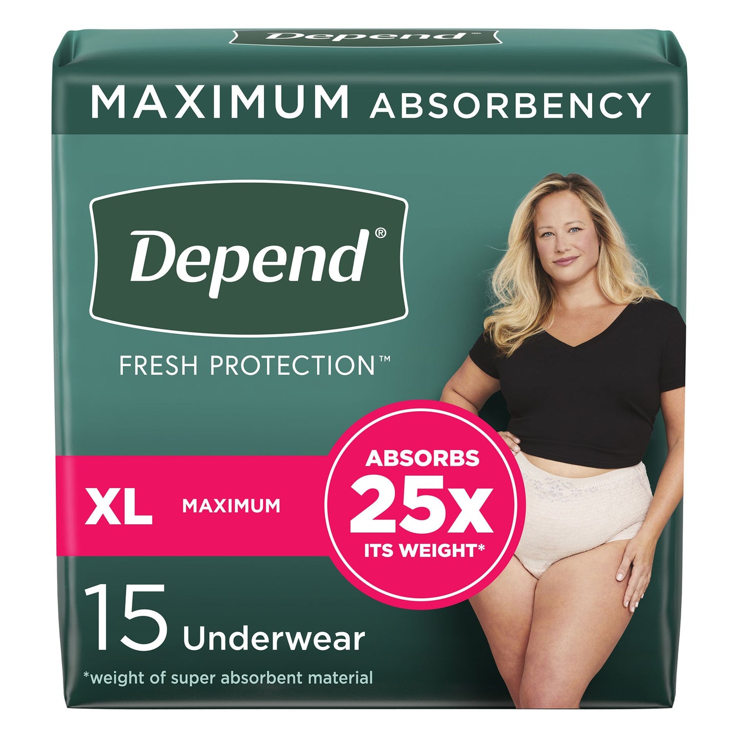 Depend Maximum Absorbency. 15 Underwear. Women. Absorbs 25x its weight. Size XL.