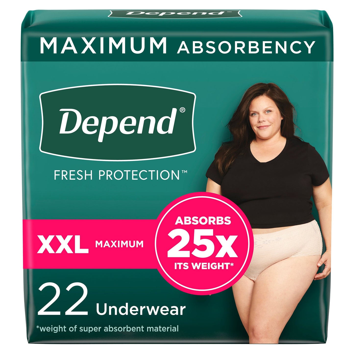 Depend Maximum Absorbency. 22 Underwear. Women. Absorbs 25x its weight. Size XXL.