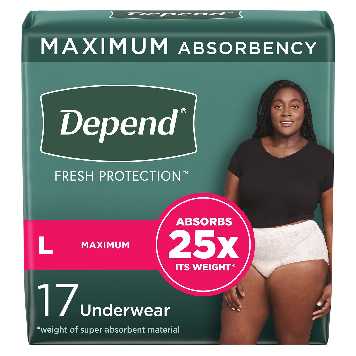 Depend Maximum Absorbency. 17 Underwear. Women. Absorbs 25x its weight. Size Large.