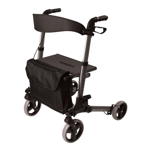 Black rollator with backrest, storage space, handles with braking system.