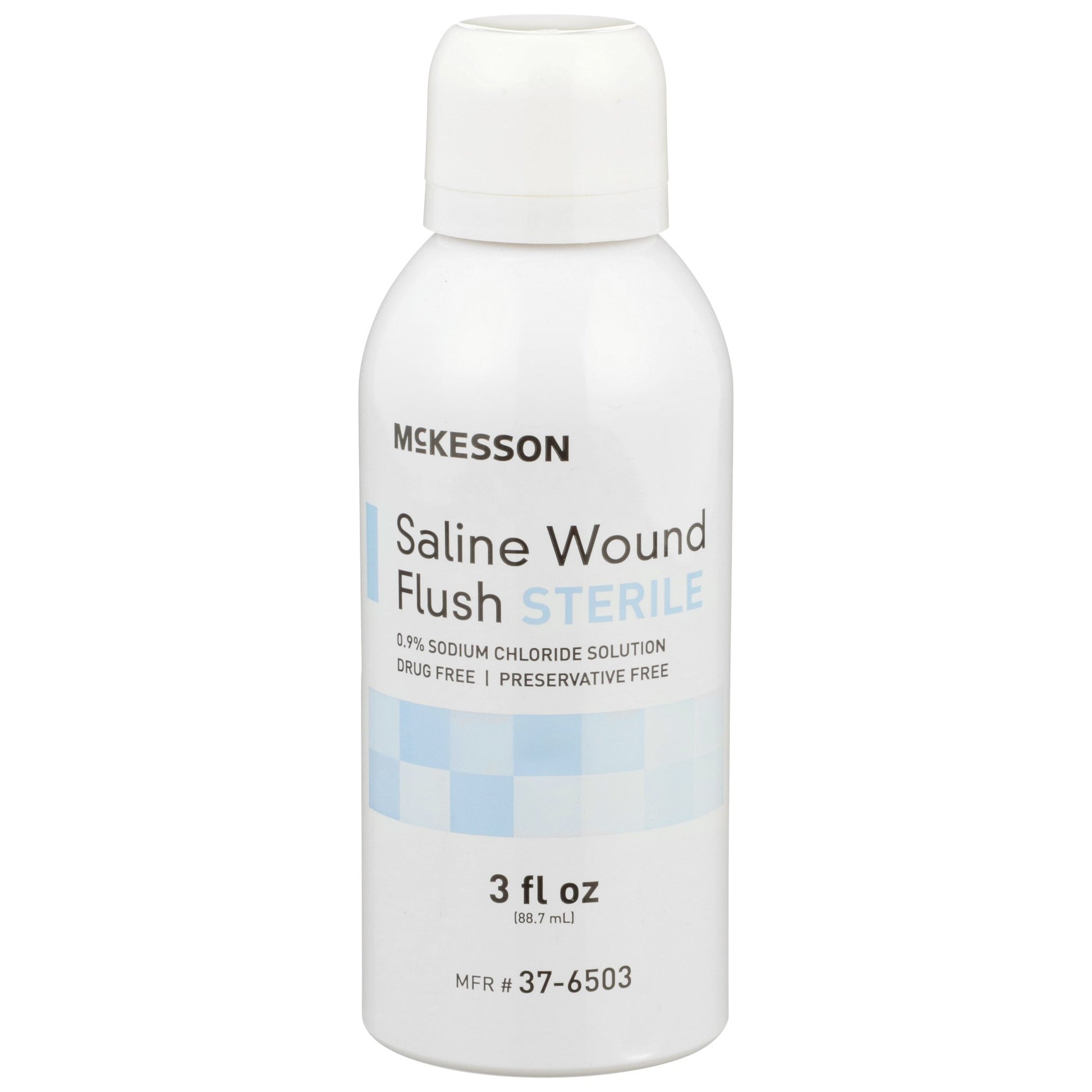 a white bottle with cap. mckesson saline wound flush sterile. 3 fl oz bottle.