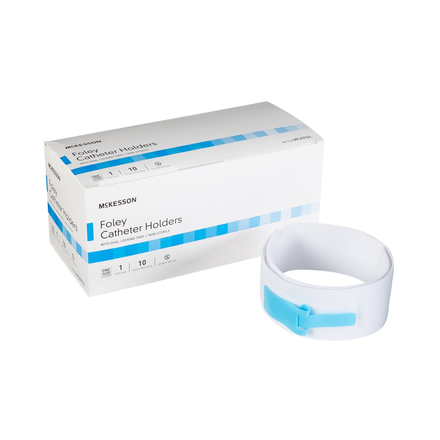 McKesson Foley catheter holders are white and feature blue Velcro.