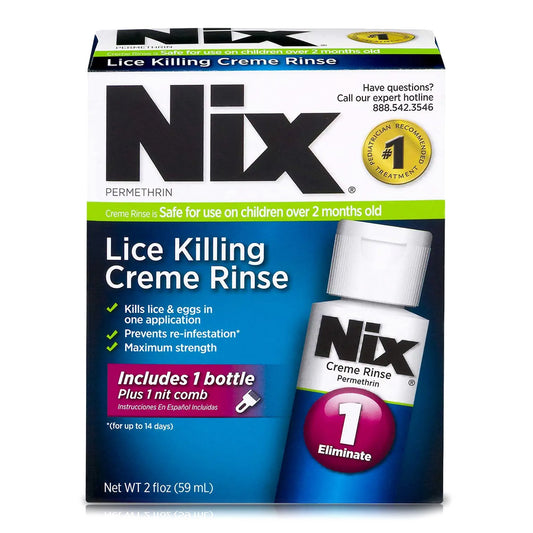 A box of Mix Lice killing creme rinse with a bottle of mix creme rinse. Kit includes 1 bottle and 1 nig comb.