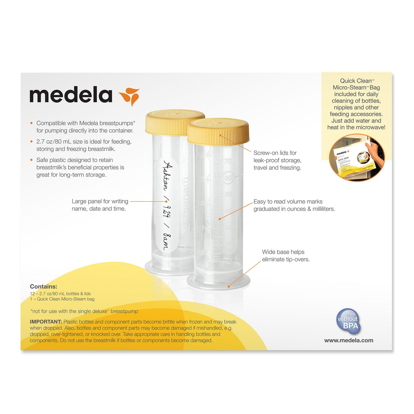 Breast Milk Storage Bottle Medela 2.7 oz. Leak-Proof Travel Size Freezer Safe