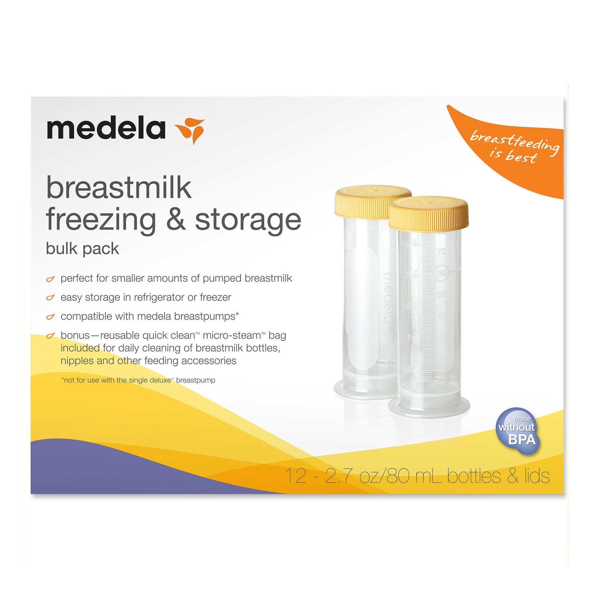 A box showing 2 bottles of medela breastmilk bottles. Bottles have yellow caps. Each bottle can hold 2.7oz.