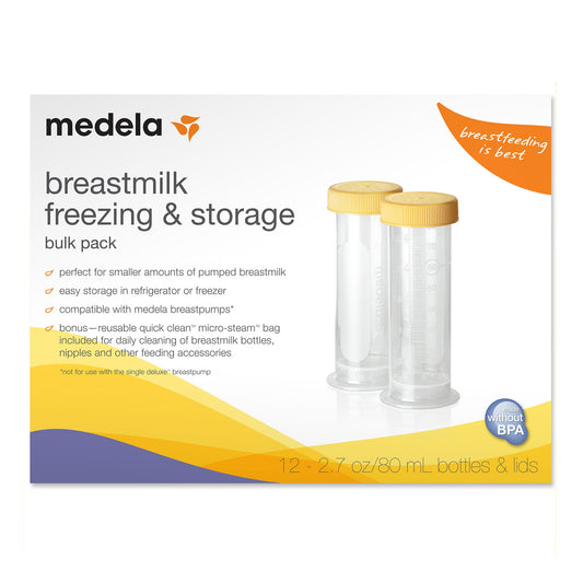 A box showing 2 bottles of medela breastmilk bottles. Bottles have yellow caps. Each bottle can hold 2.7oz.