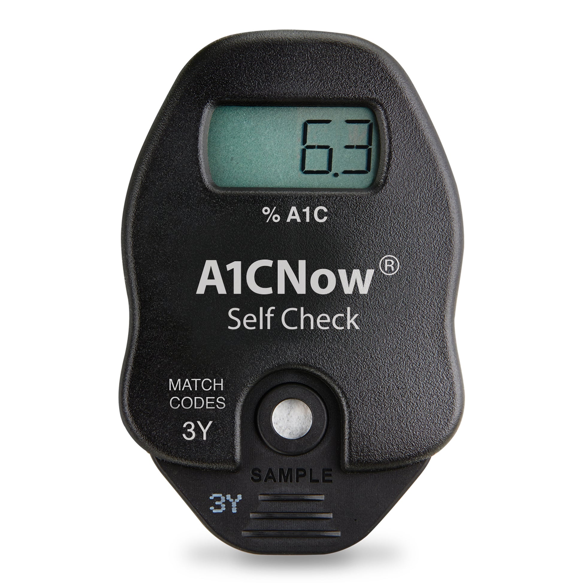 A1CNow Self Check kit. Black with displayed window with % A1C. Slot for blood sample.