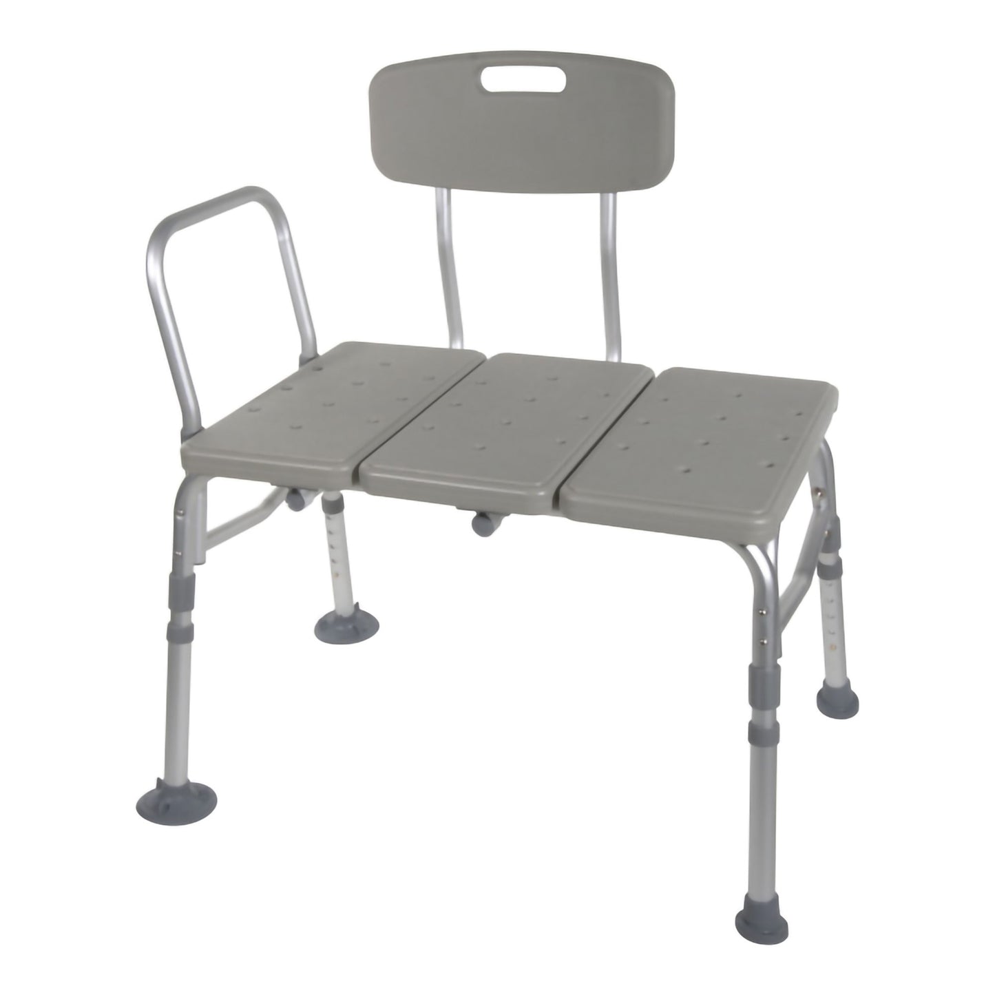 gray bath bench with backrest, adjustable height. Extended bench design.