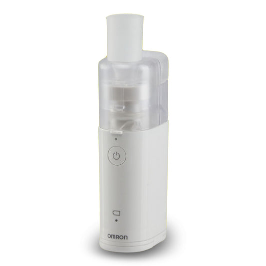 a small, white omron portable nebulizer machine. Power button on the front. 