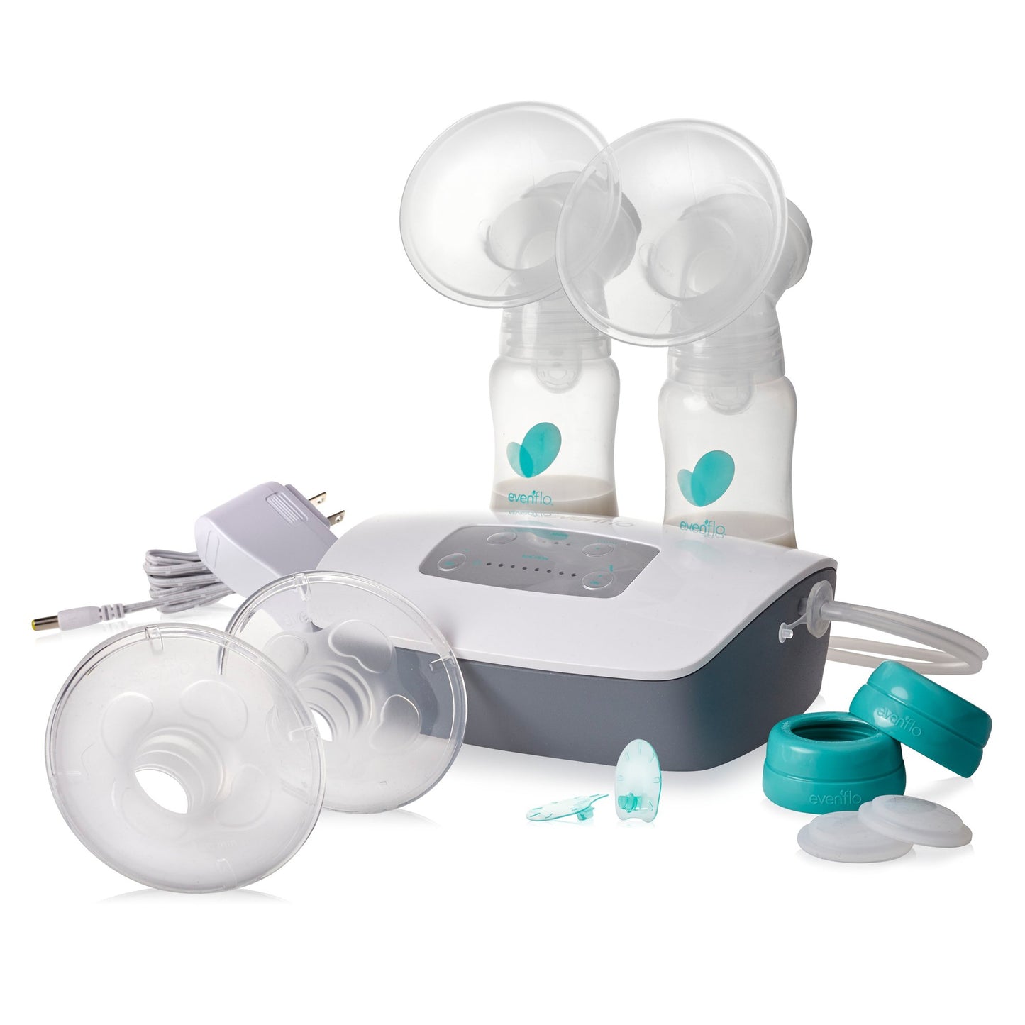 Breast pump with 2 milk collection bottles, 2 flanges, 2 flange inserts, 2 cap rings, sealing discs. 1 Charger.