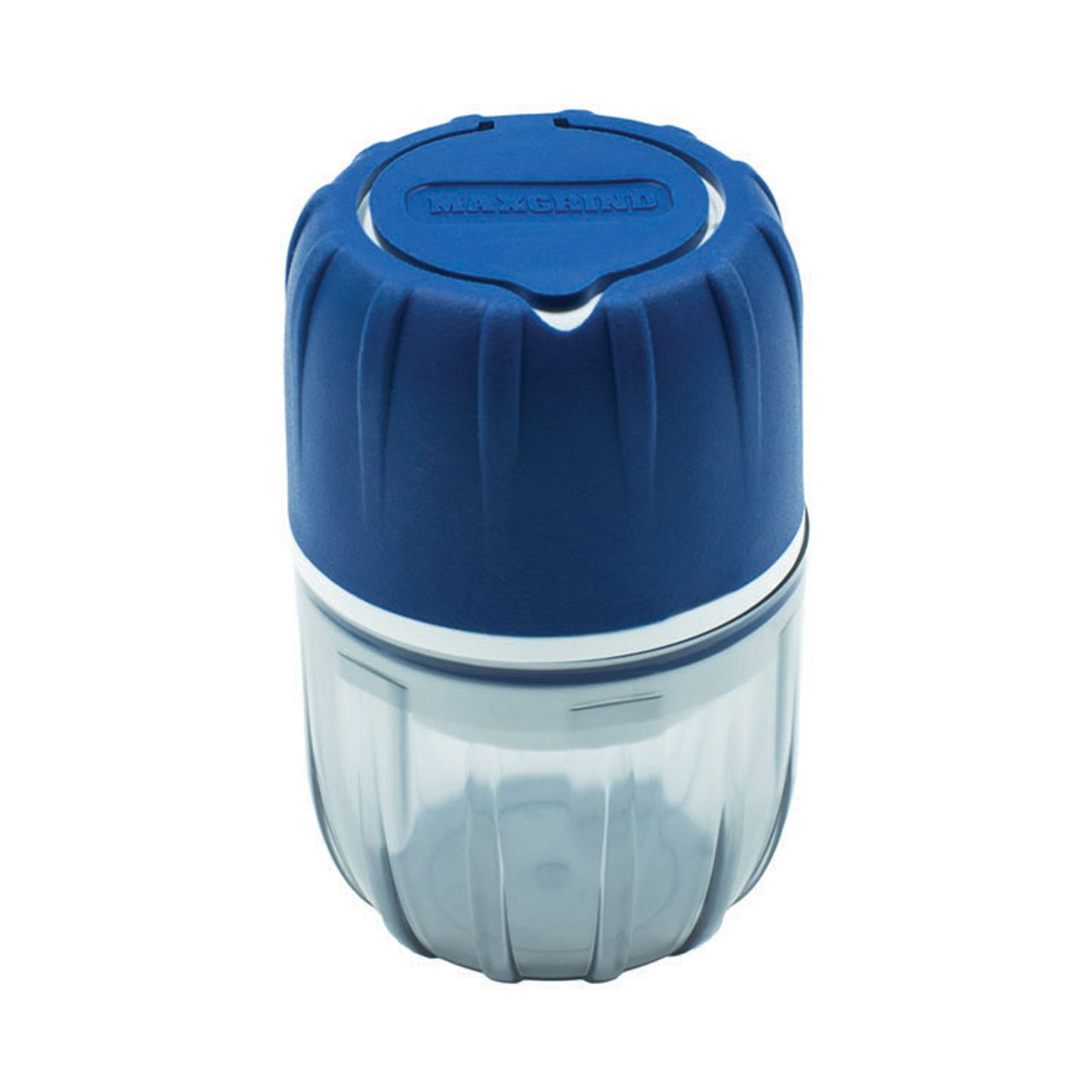 Pill crusher with transparent container and a blue cap with an opening at the top to fill with pills.