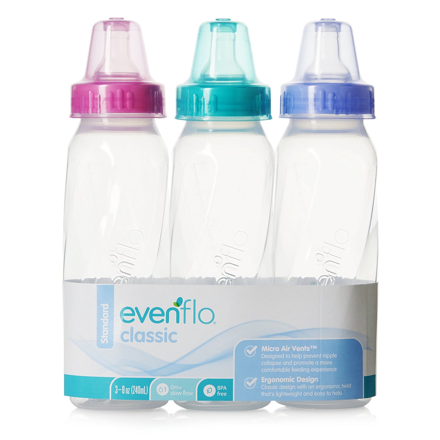 evenflo brand classic 8oz bottles, quantity of 3. Micro Air Vents, Ergonomic Design.