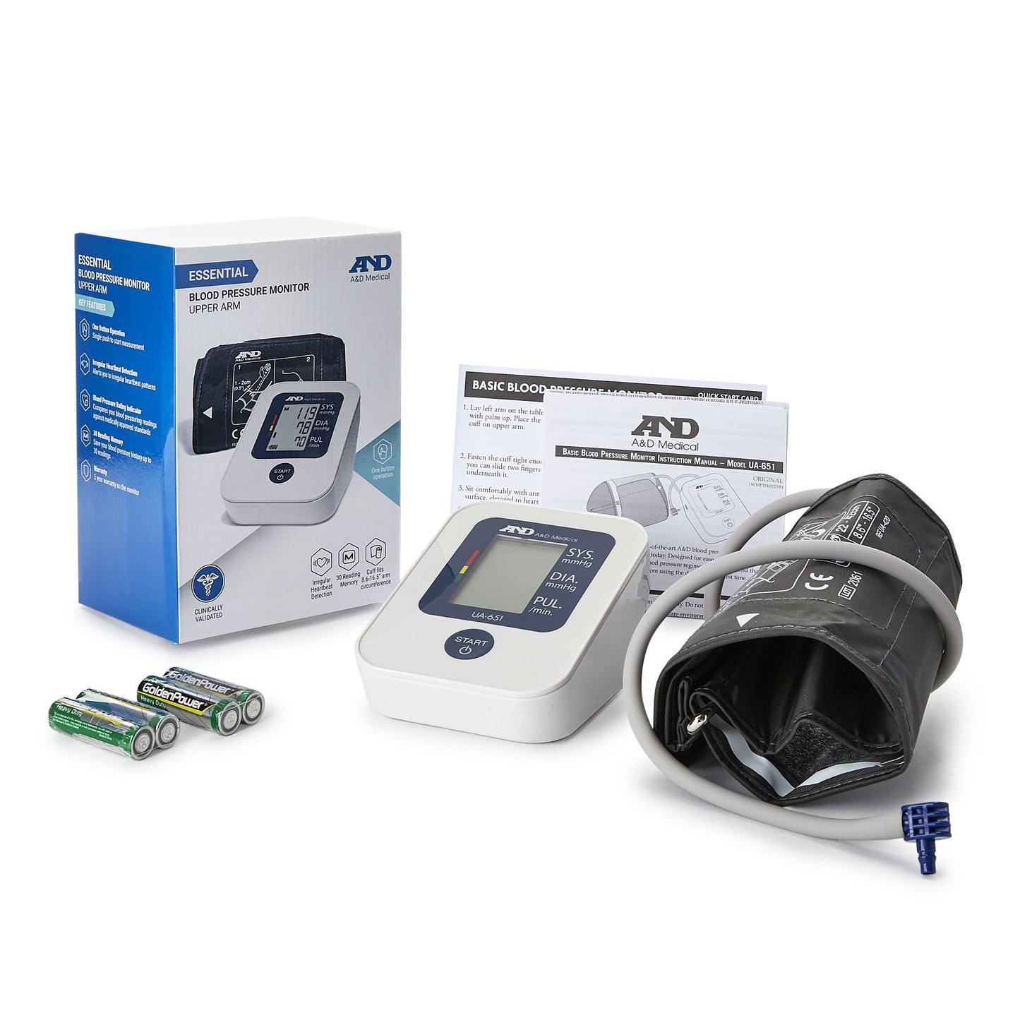 A&D automatic blood pressure monitor. Batteries included. Upper-arm Cuff.