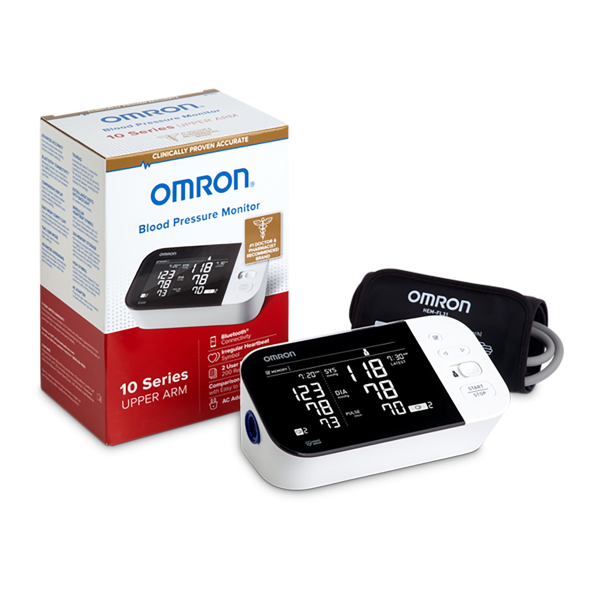 a white blood pressure monitor with large display screen reading systolic, diastolic and pulse. Upper arm.