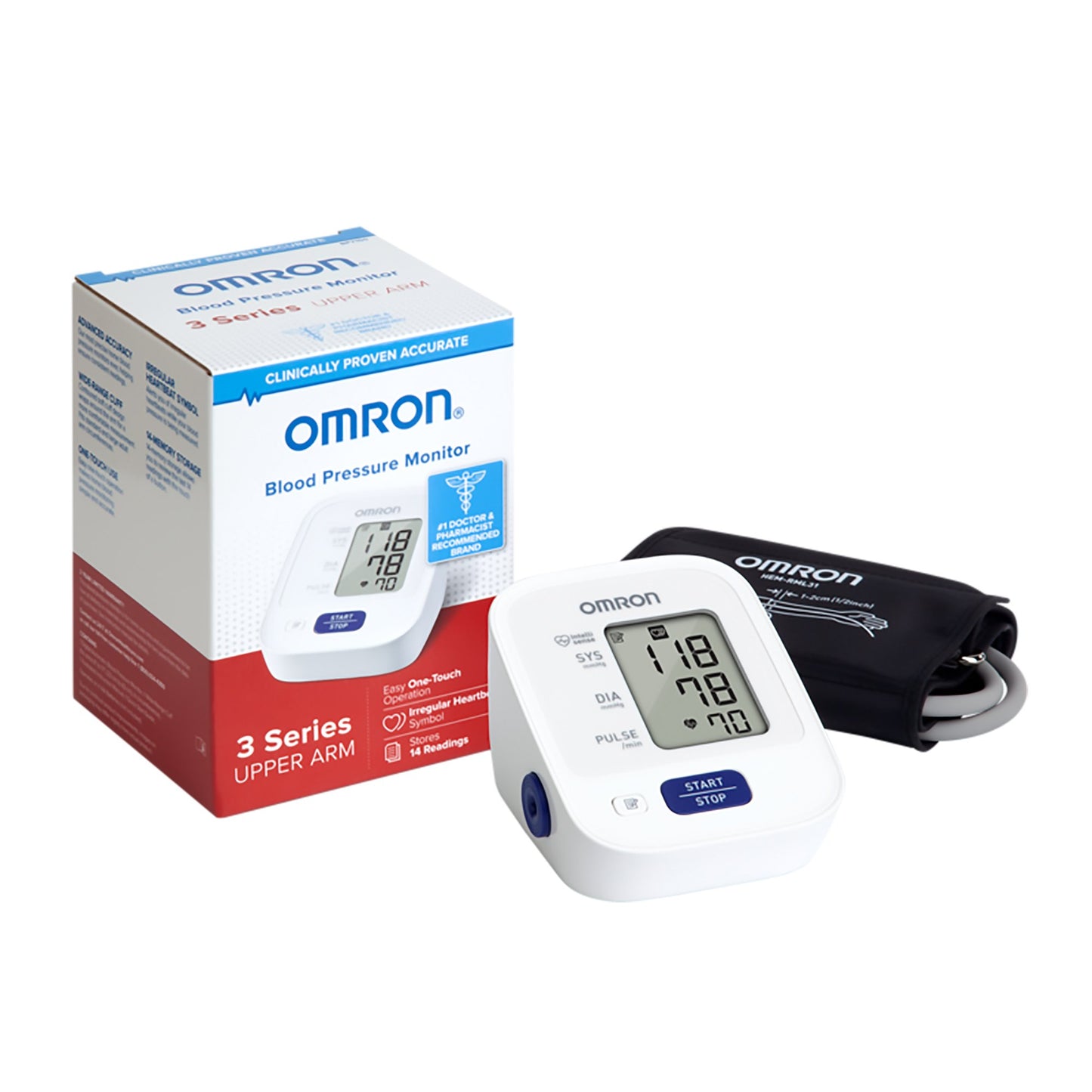 omron blood pressure monitor with a displayed screen with systolic, diastolic and pulse readings. one start/stop button. Upper arm.